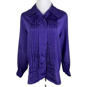 David Matthew Pleated Hidden Button Down Blouse Women's 14 Purple‎